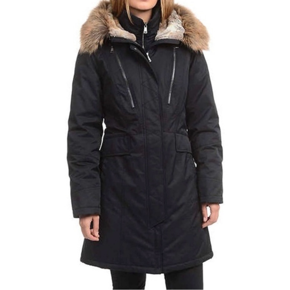 1 Madison Black Long Puffer Coat with Fur-Trim Hood